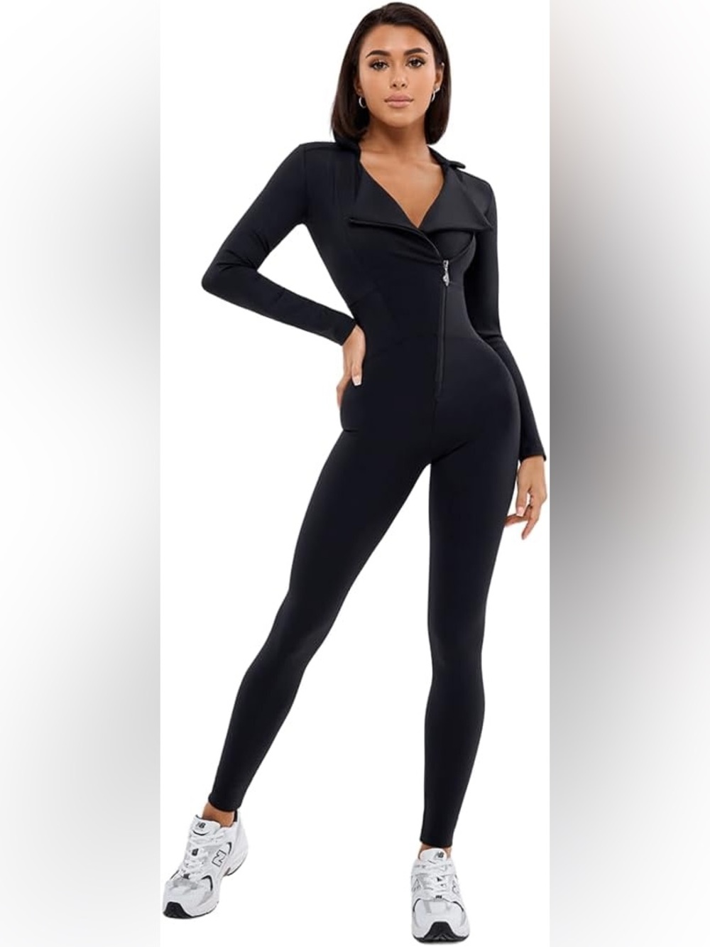 Slim Black Long-Sleeve sculpting Jumpsuit with Asymmetrical Zip